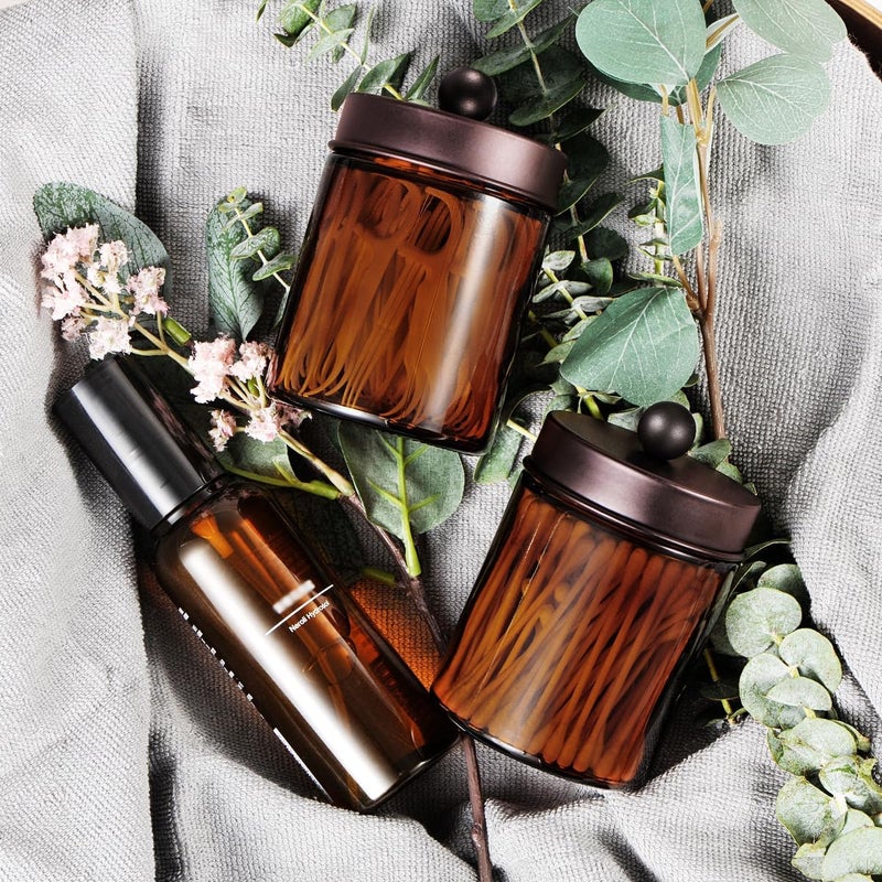 Komashr Amber Glass Qtip Holder, Apothecary Jars with brown Metal Lid & Stickers-Bathroom Qtip Dispenser Storage Organizer Set,Vanity Counter Canister for Cotton Swabs,Round Pads,Floss (3 Pack,bronze) - Image 5